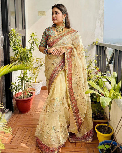 Beautiful Partywear Light Color Saree in Organza Fabric