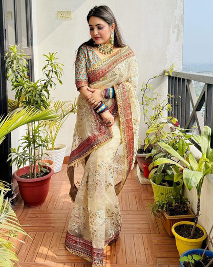 Beautiful Partywear Light Color Saree in Organza Fabric