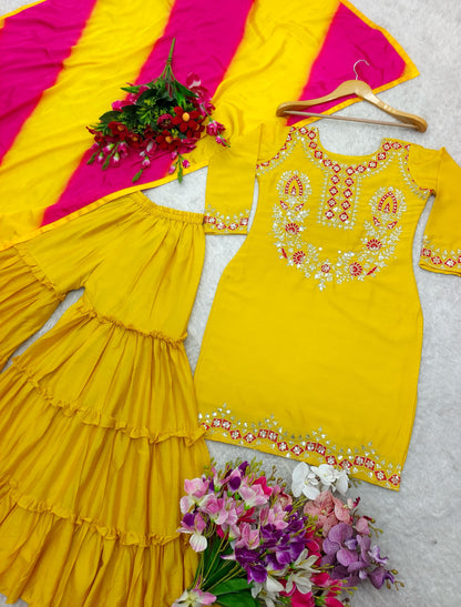 Chinon Fabric Fancy Sharara Suit in yellow color