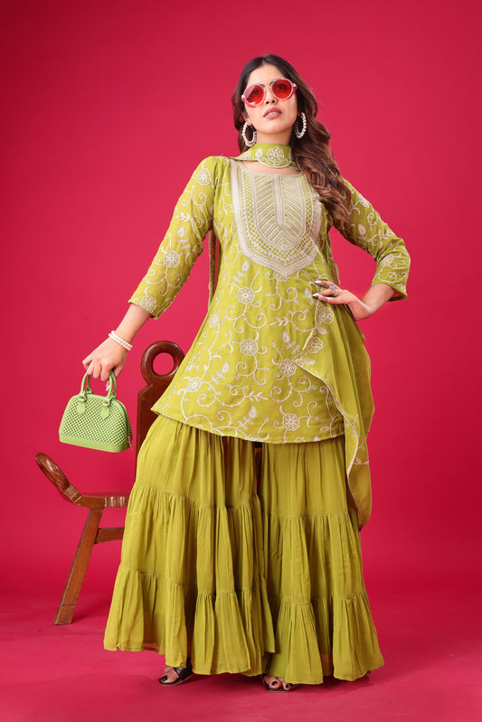 Light Yellow Color Beautiful Sharara Suit in Georgette Fabric