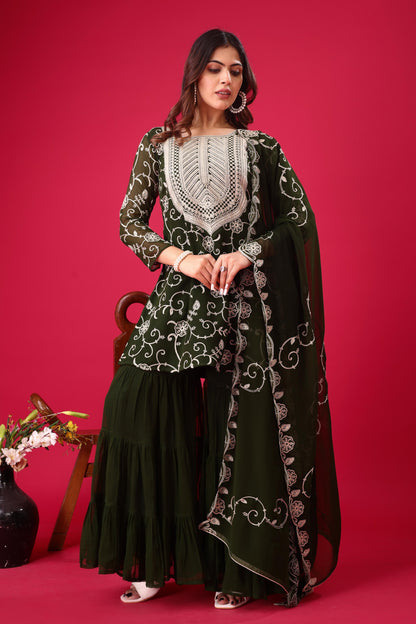 Dark Green Color Beautiful Sharara Suit in Georgette Fabric