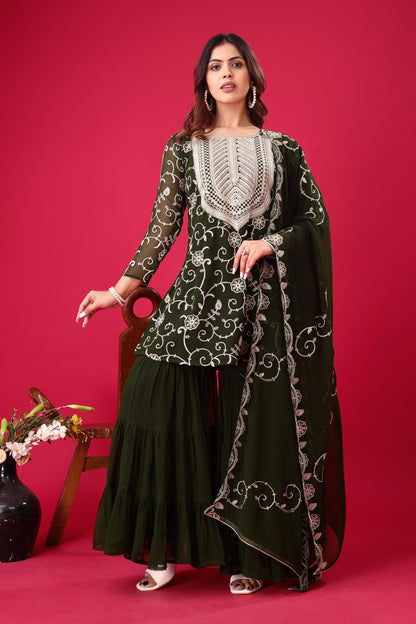 Dark Green Color Beautiful Sharara Suit in Georgette Fabric