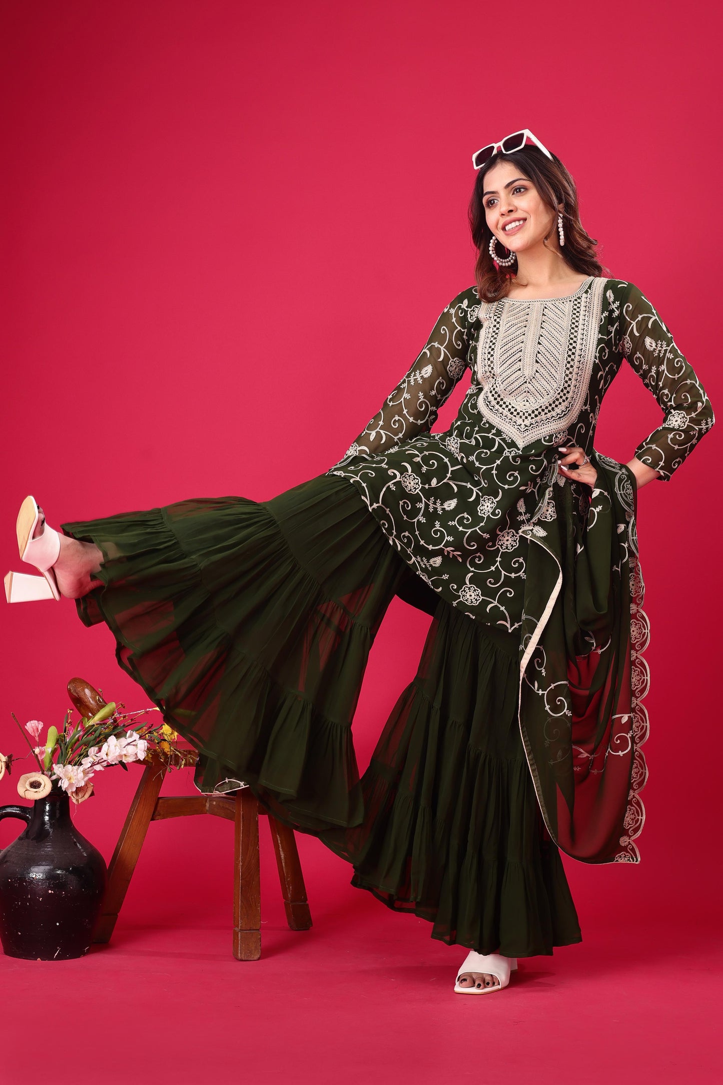 Dark Green Color Beautiful Sharara Suit in Georgette Fabric