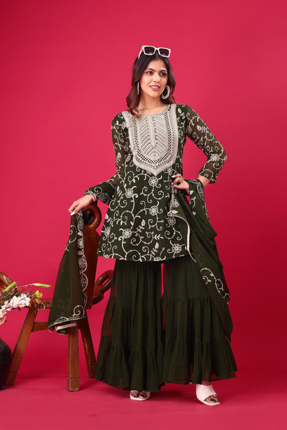 Dark Green Color Beautiful Sharara Suit in Georgette Fabric