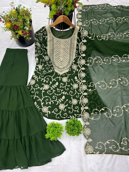 Dark Green Color Beautiful Sharara Suit in Georgette Fabric