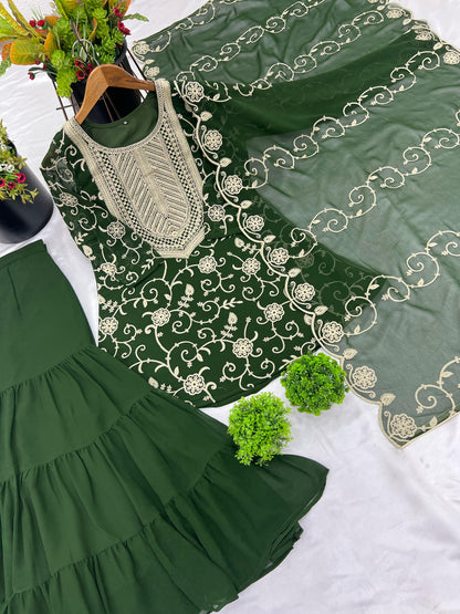 Dark Green Color Beautiful Sharara Suit in Georgette Fabric