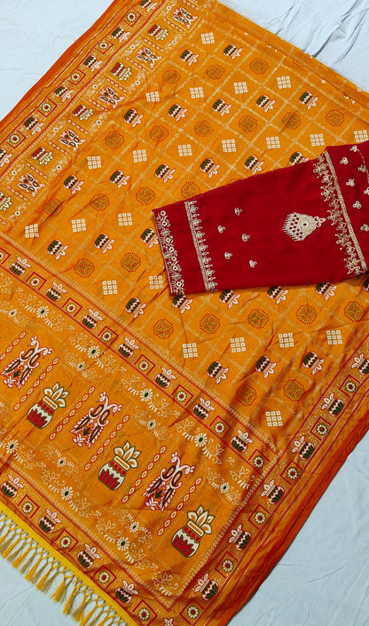 Bandhani Print Patola Saree in Vichitra Silk fabric in yellow color