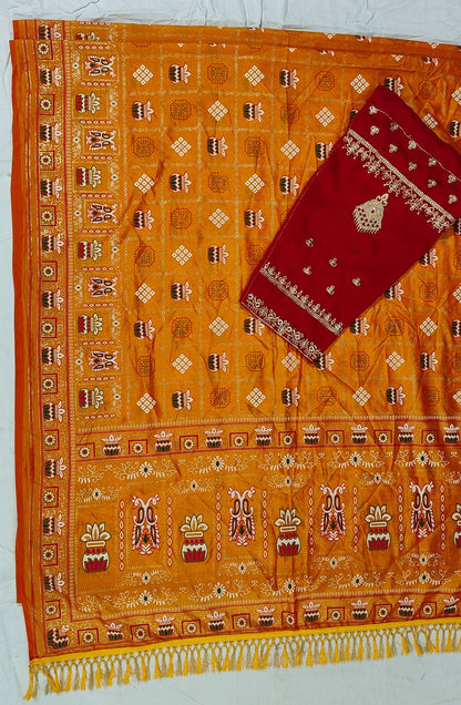 Bandhani Print Patola Saree in Vichitra Silk fabric in yellow color