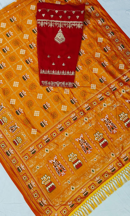 Bandhani Print Patola Saree in Vichitra Silk fabric in yellow color