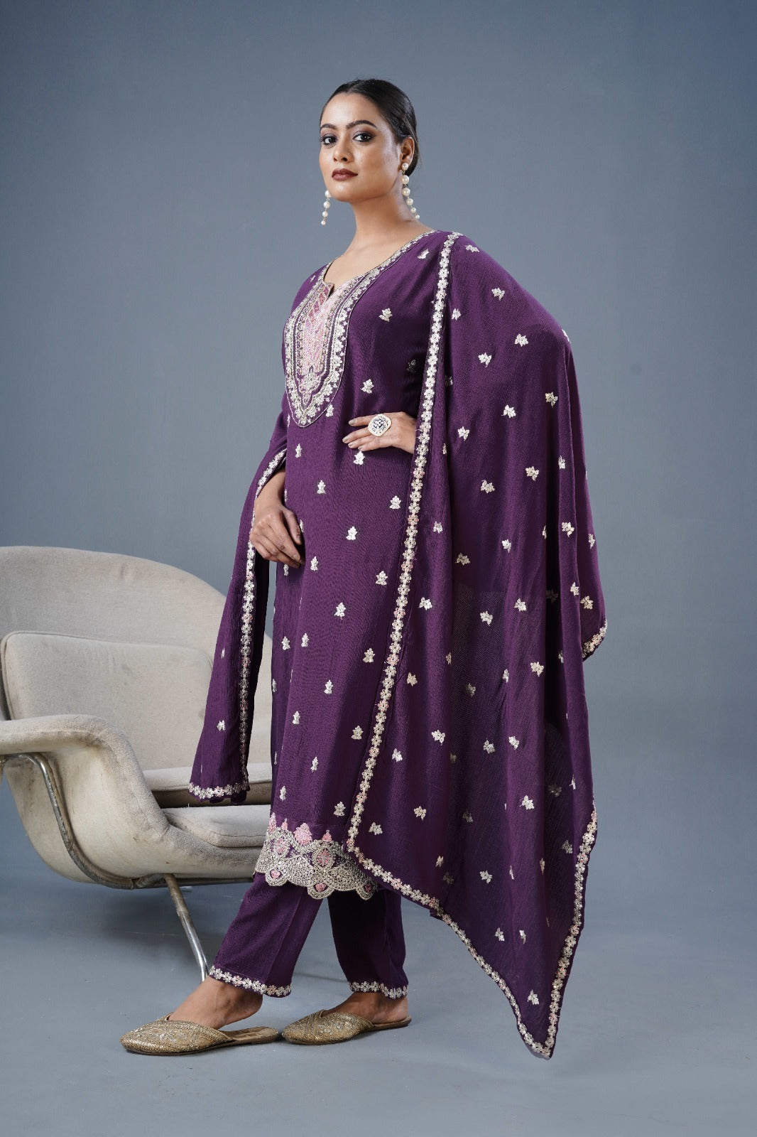 Chinon Fabric Partywear Dress in purple color