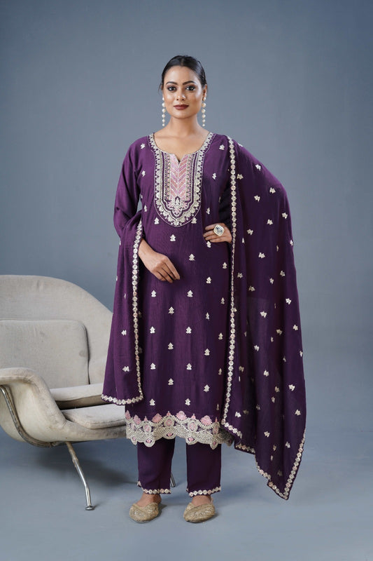 Chinon Fabric Partywear Dress in purple color