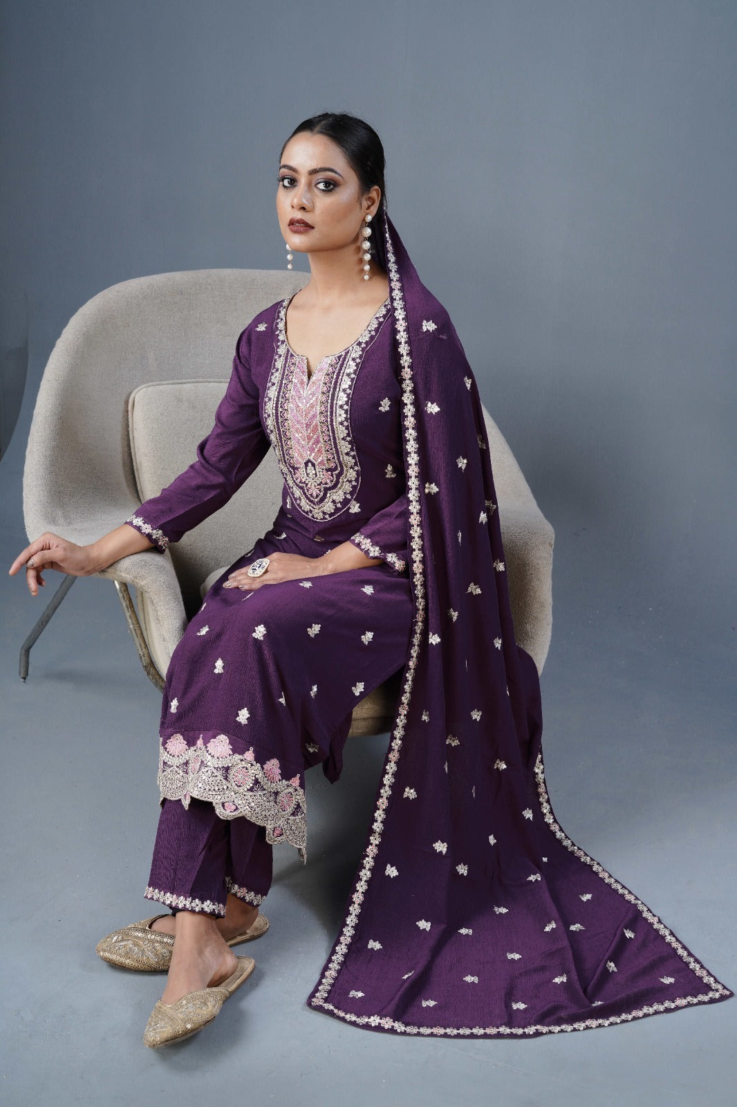 Chinon Fabric Partywear Dress in purple color