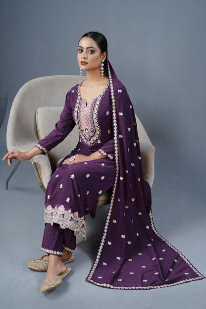Chinon Fabric Partywear Dress in purple color