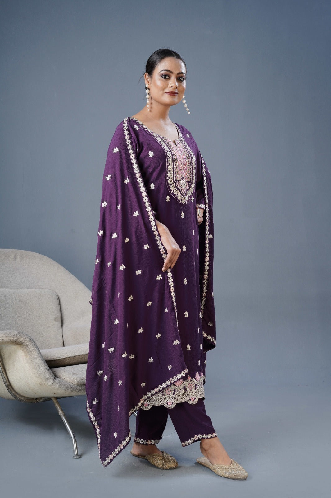 Chinon Fabric Partywear Dress in purple color
