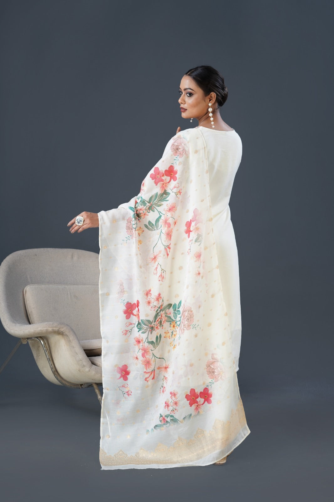 Chinon Fabric Partywear Dress in white color