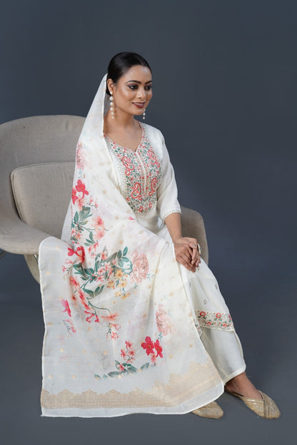 Chinon Fabric Partywear Dress in white color