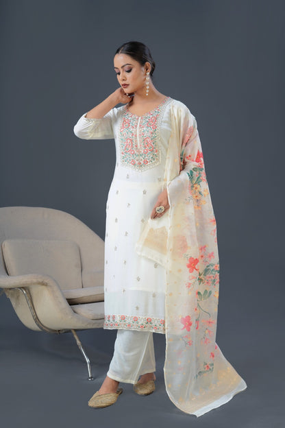 Chinon Fabric Partywear Dress in white color