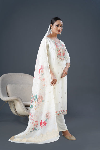 Chinon Fabric Partywear Dress in white color