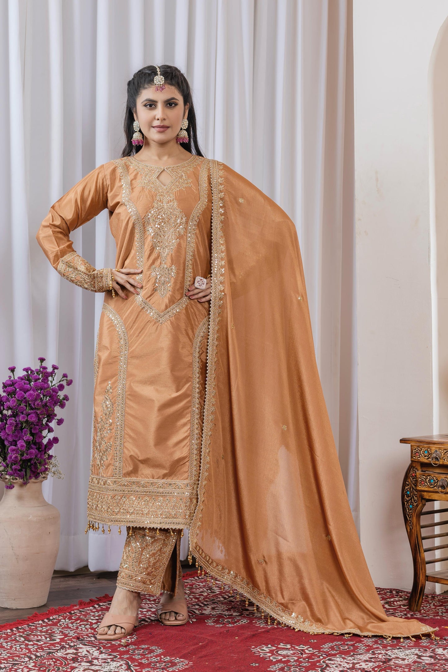 Orange Color Beautiful Partywear Chinon fabric Suit