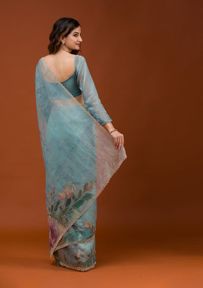 Sky BLue Color Beautiful Soft Tabby Organza Saree