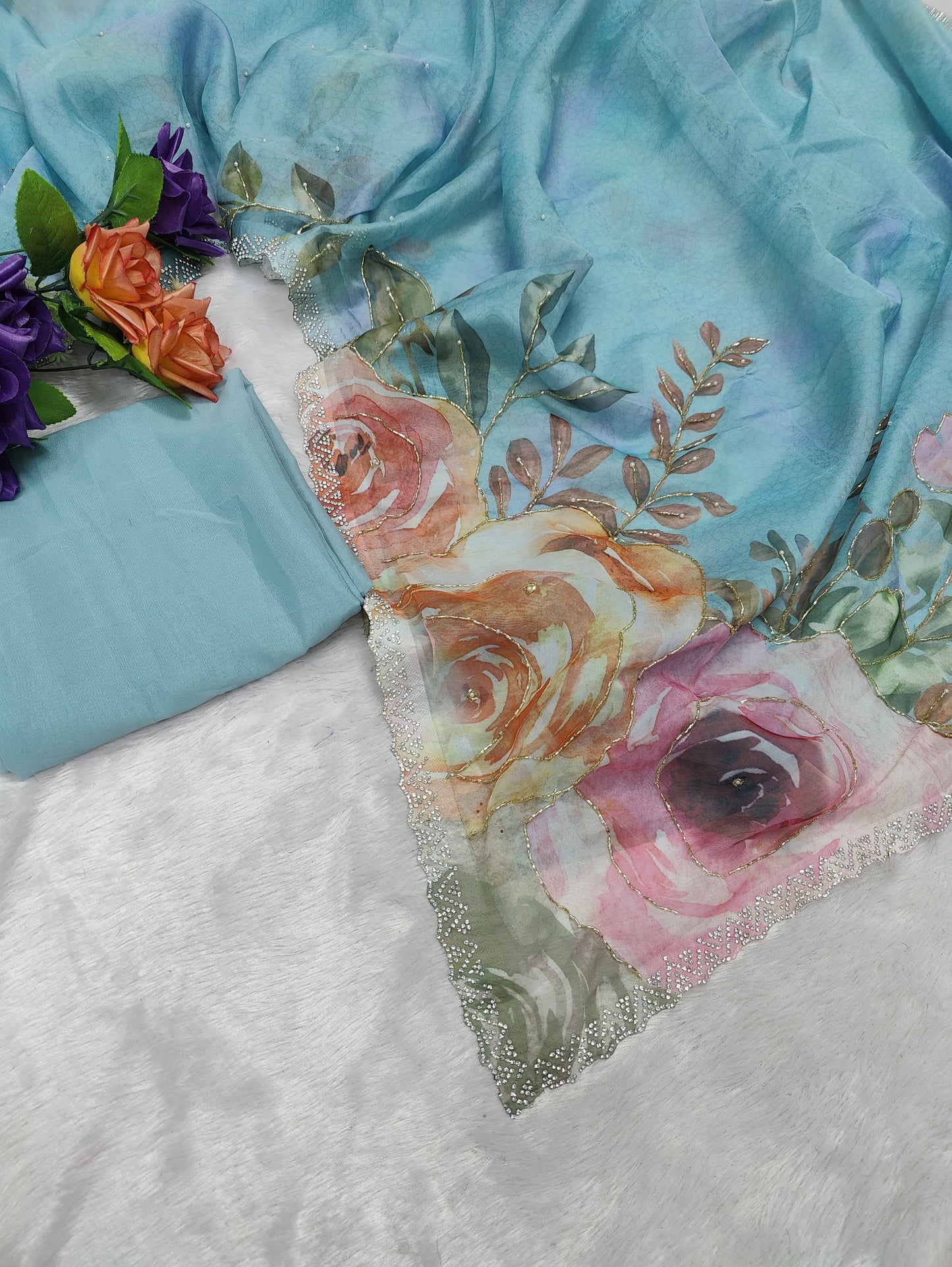 Sky BLue Color Beautiful Soft Tabby Organza Saree