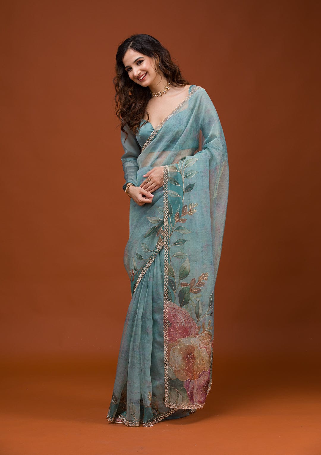 Sky BLue Color Beautiful Soft Tabby Organza Saree