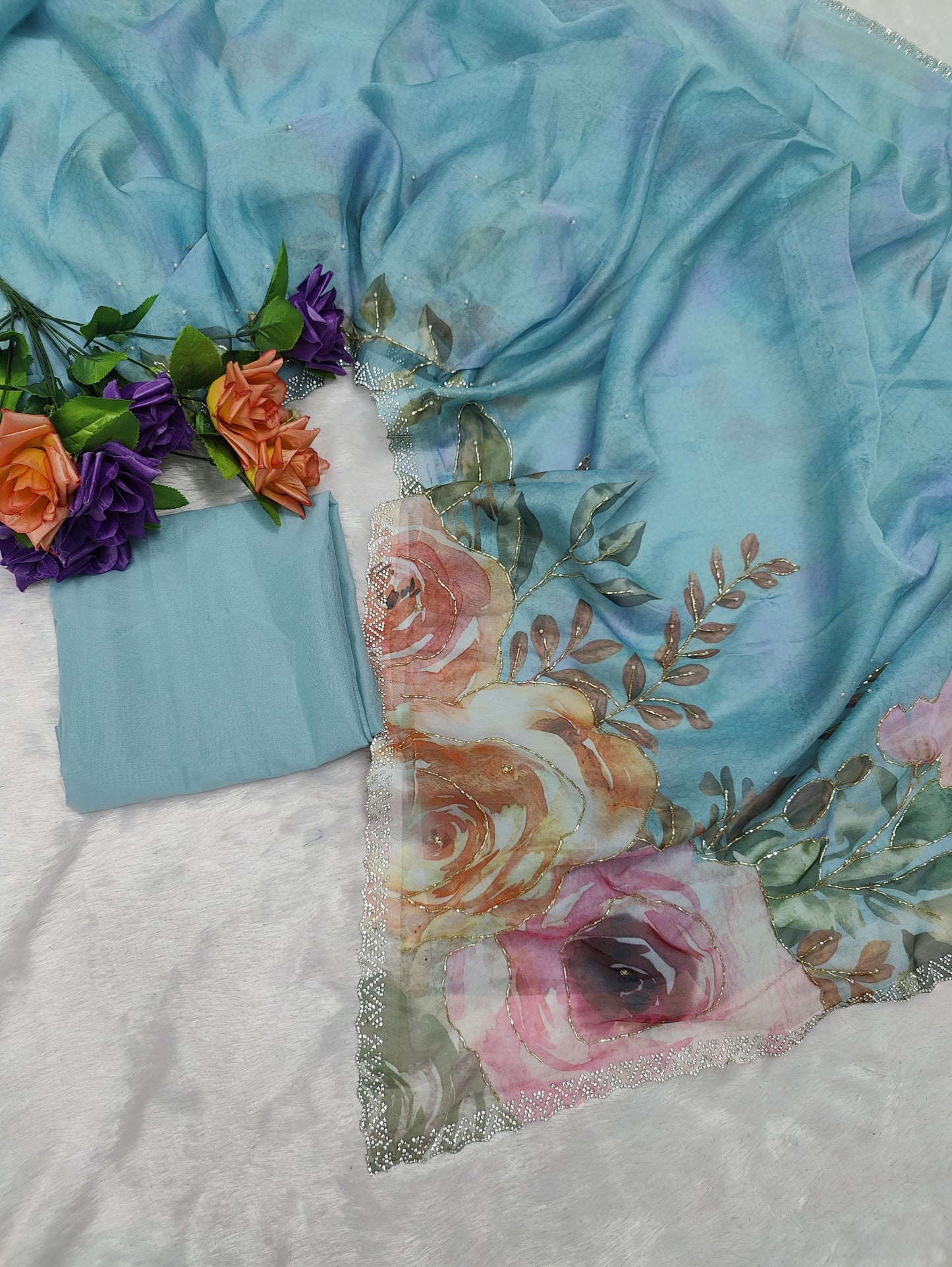 Sky BLue Color Beautiful Soft Tabby Organza Saree
