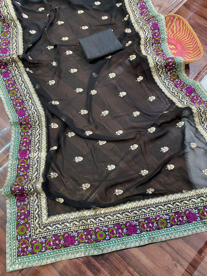 Black Pure Georgette Fabric Saree For Party