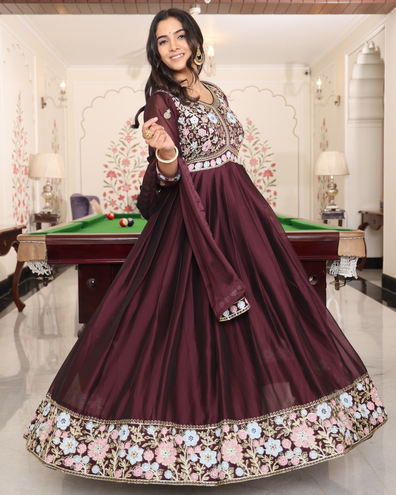 Coffee Color Anarkali Gown in Silk Fabric