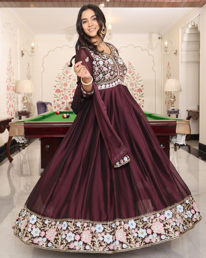 Coffee Color Anarkali Gown in Silk Fabric