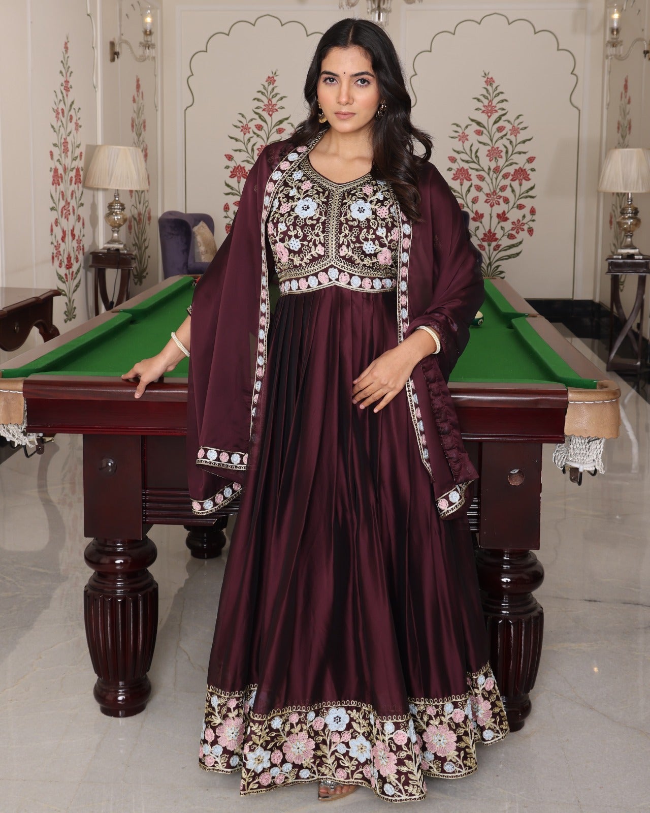 Coffee Color Anarkali Gown in Silk Fabric