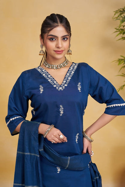 Kurta & Pant Dupatta Set in Silk Fabric In Blue Color