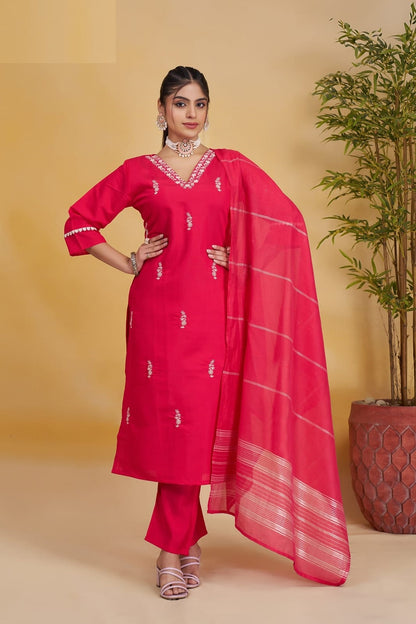 Kurta & Pant Dupatta Set in Silk Fabric In Red Color