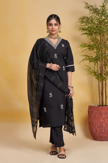 Kurta & Pant Dupatta Set in Silk Fabric In Black Color