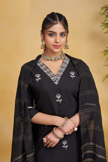 Kurta & Pant Dupatta Set in Silk Fabric In Black Color
