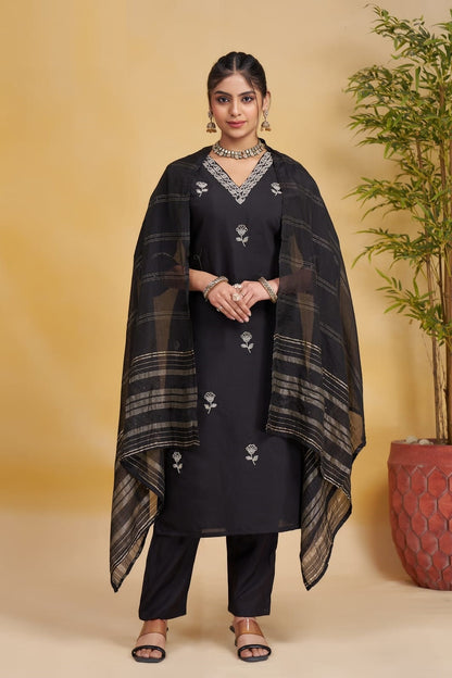 Kurta & Pant Dupatta Set in Silk Fabric In Black Color
