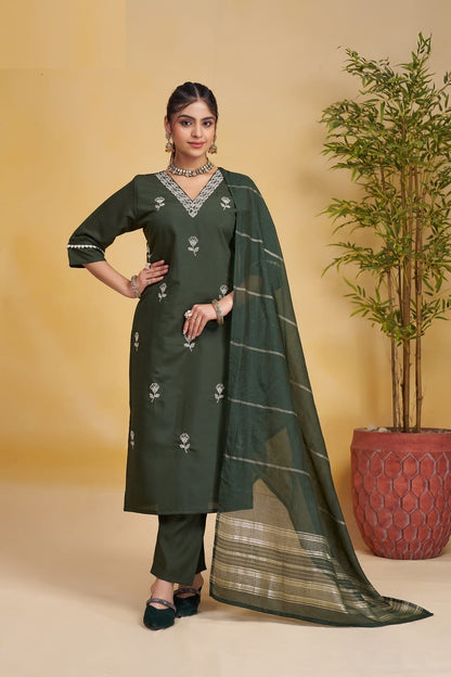 Kurta & Pant Dupatta Set in Silk Fabric In Green Color