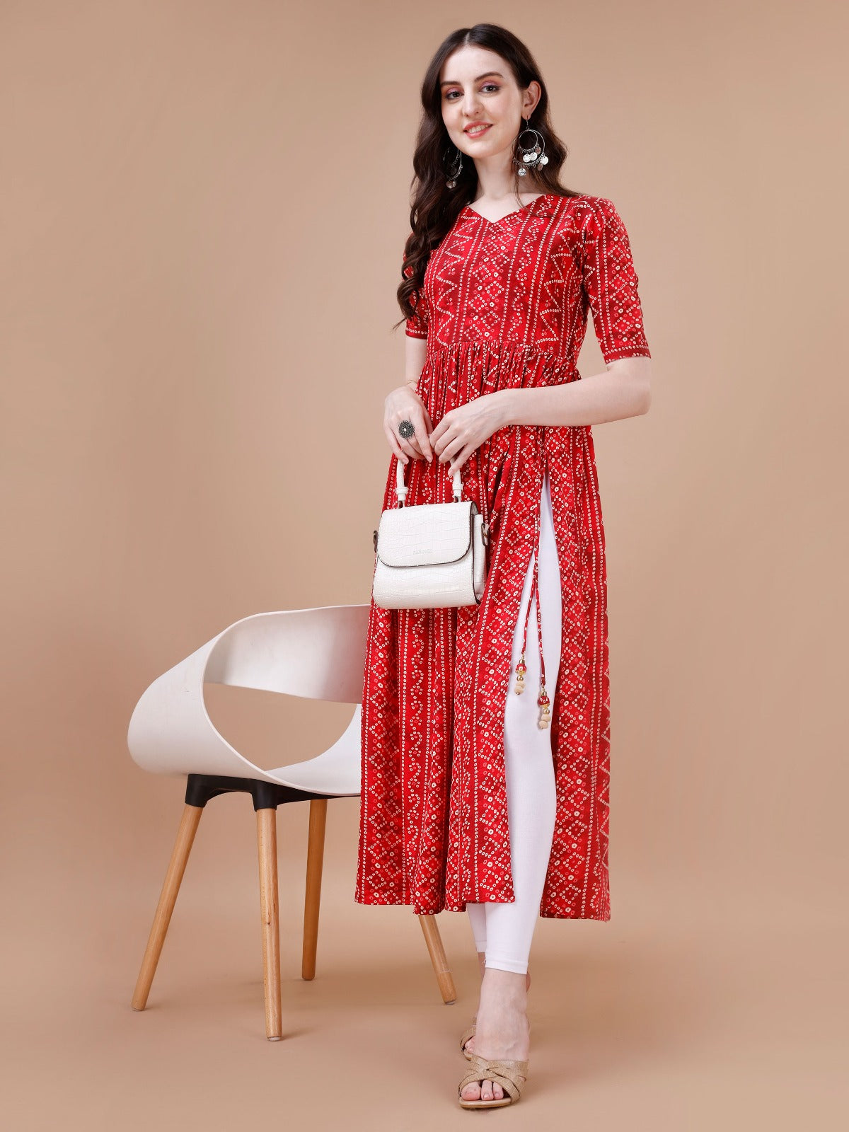 Bandhani Print Rayon Kurti For Summer Wear In Red Color