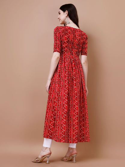 Bandhani Print Rayon Kurti For Summer Wear In Red Color