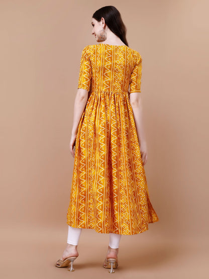 Bandhani Print Rayon Kurti For Summer Wear In Yellow Color