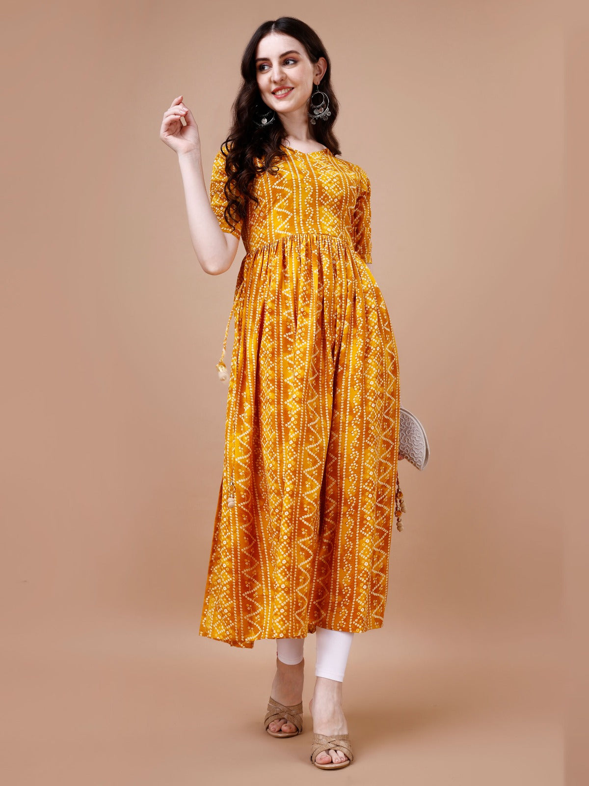 Bandhani Print Rayon Kurti For Summer Wear In Yellow Color