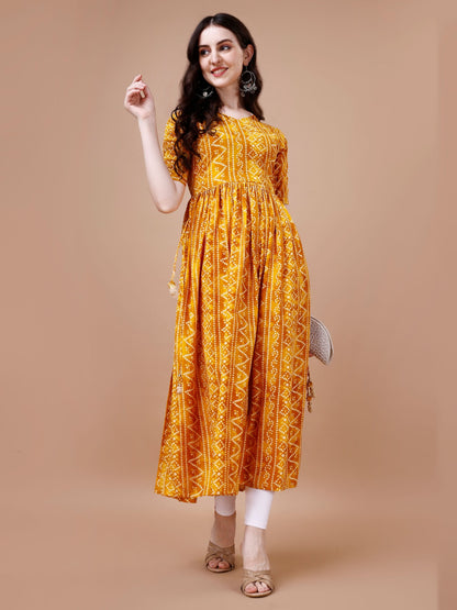 Bandhani Print Rayon Kurti For Summer Wear In Yellow Color