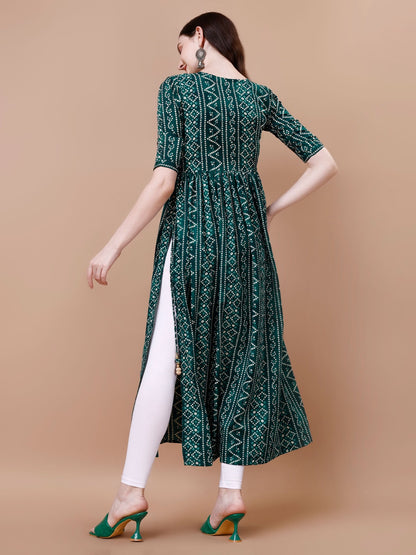 Bandhani Print Rayon Kurti For Summer Wear In Green Color