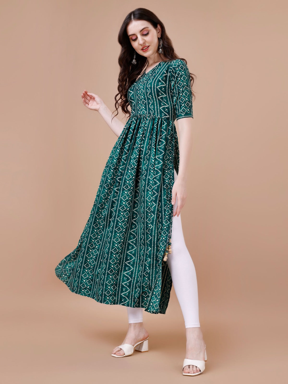 Bandhani Print Rayon Kurti For Summer Wear In Green Color