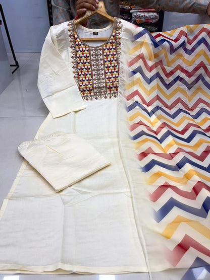 White Cream Color Beautiful Summer Wear Roman Silk Dress
