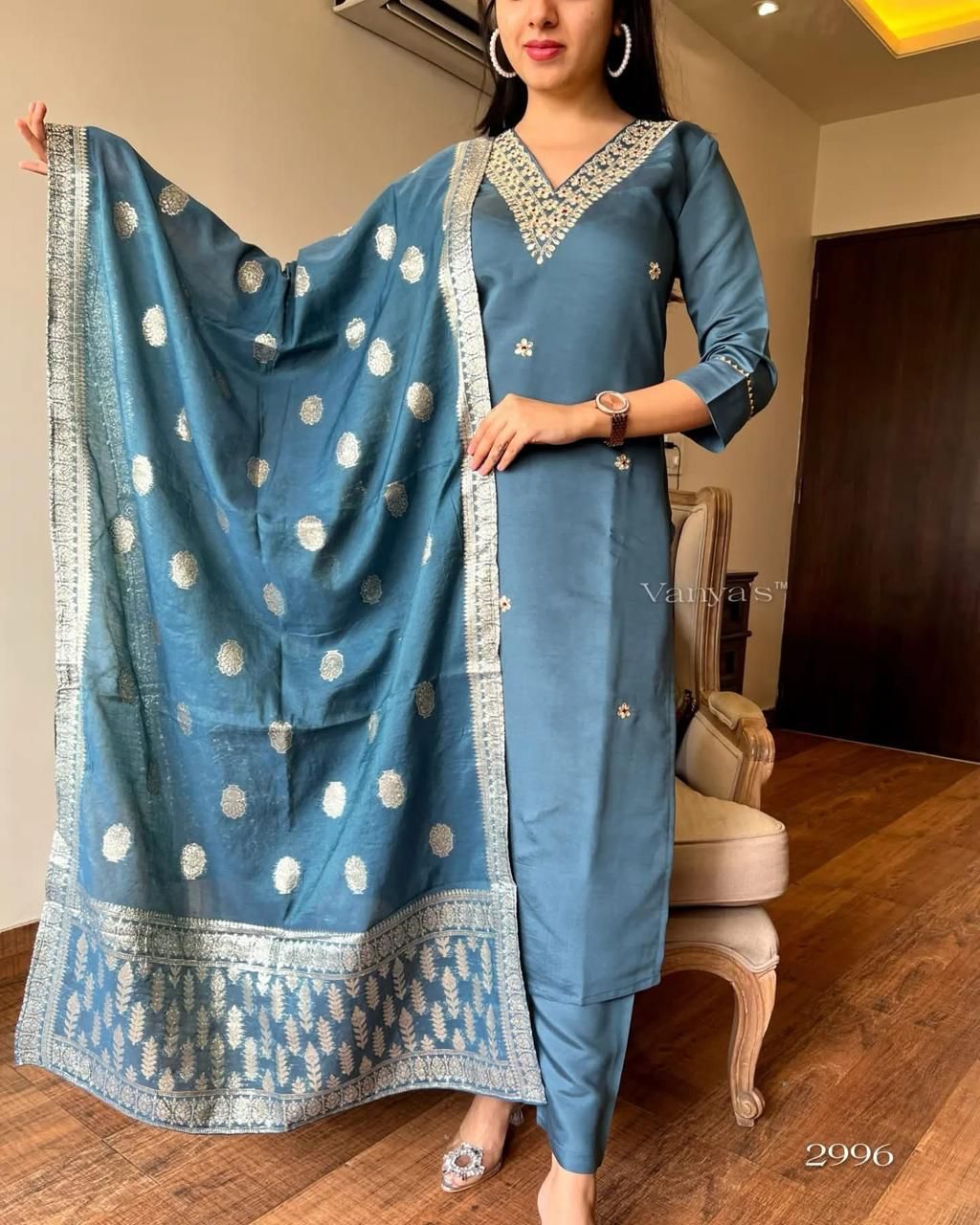 Sky Blue Color Beautiful Summer Wear 3 pics Suit