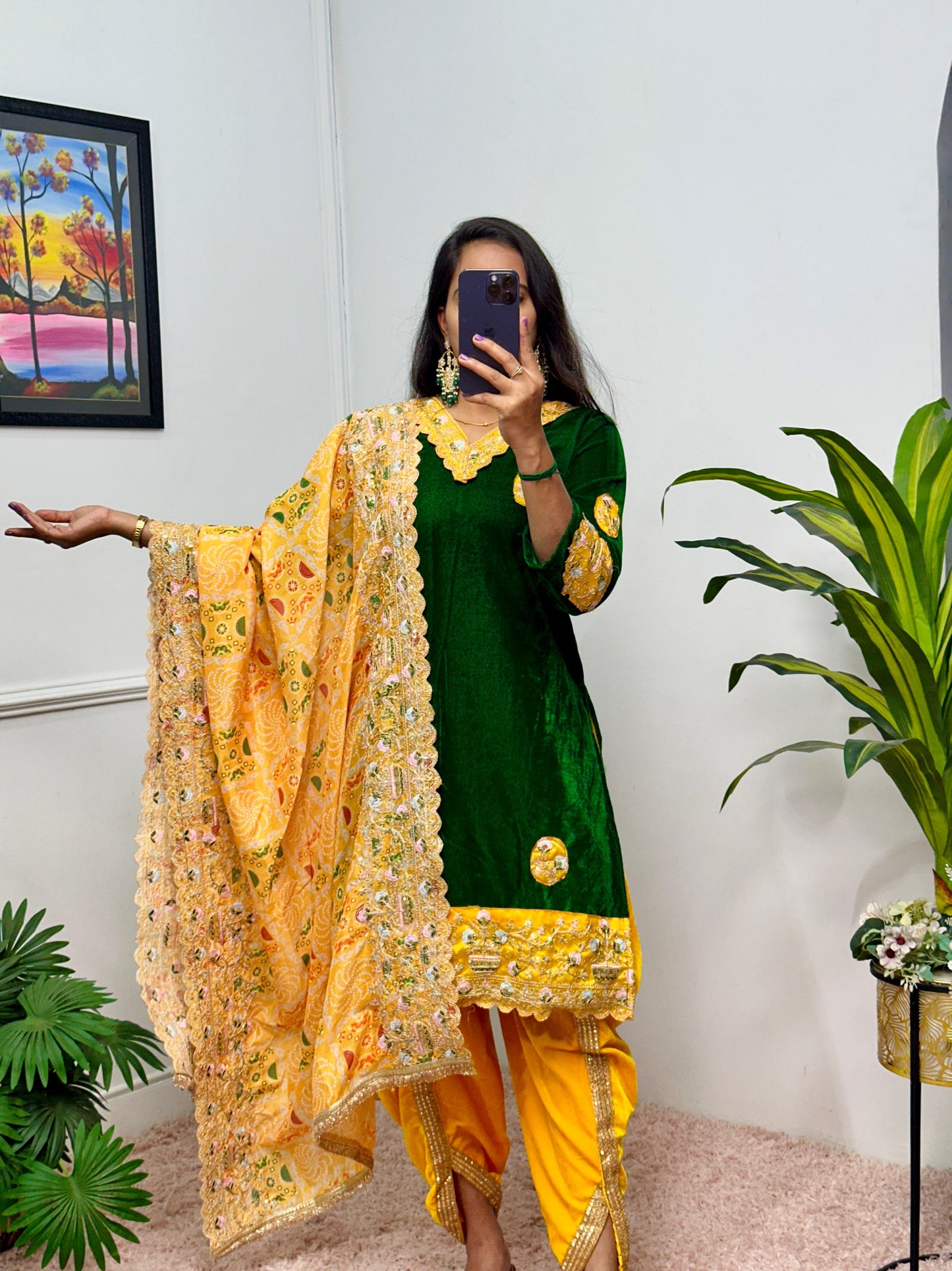 Green Yellow Color Beautiful Velvet Suit For Partywear function