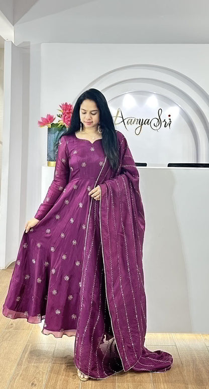 Beautiful Anarkali Gown in Chinon Fabric For Daily Wear Use in Light Purple Color