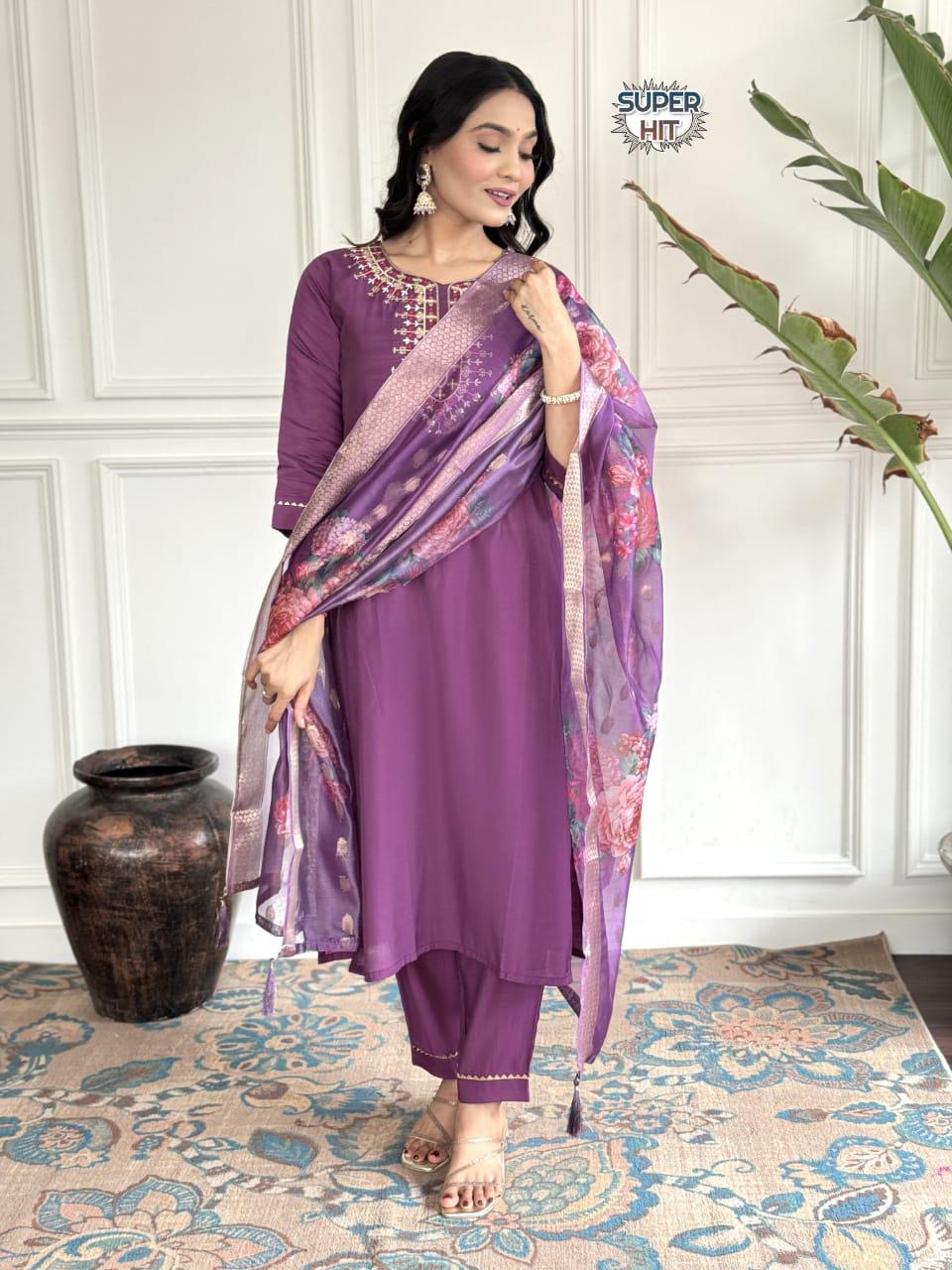 Purple Color Daily Wear Use Kurti Plazo Set