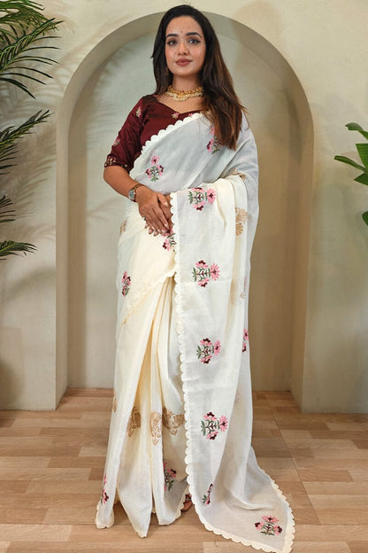 White Cream Color Beautiful Kota Cotton Fabric Saree